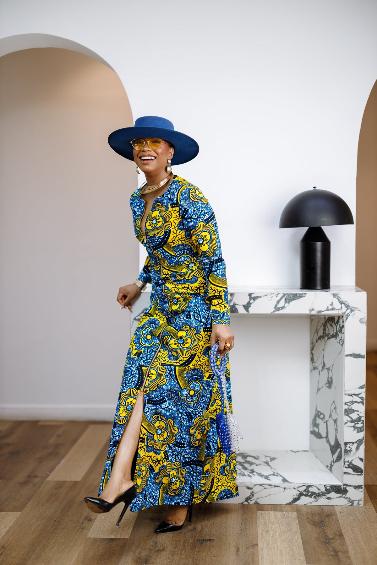 FARIDA AFRICAN PRINT LONG SLEEVE FRONT ZIP MAXI DRESS [MULTICOLOR]