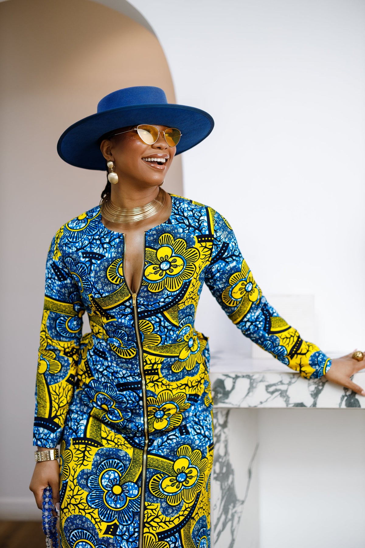 FARIDA AFRICAN PRINT LONG SLEEVE FRONT ZIP MAXI DRESS [MULTICOLOR]