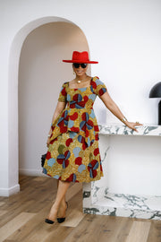 ADUKE AFRICAN PRINT PEPLUM MIDI DRESS [RED]