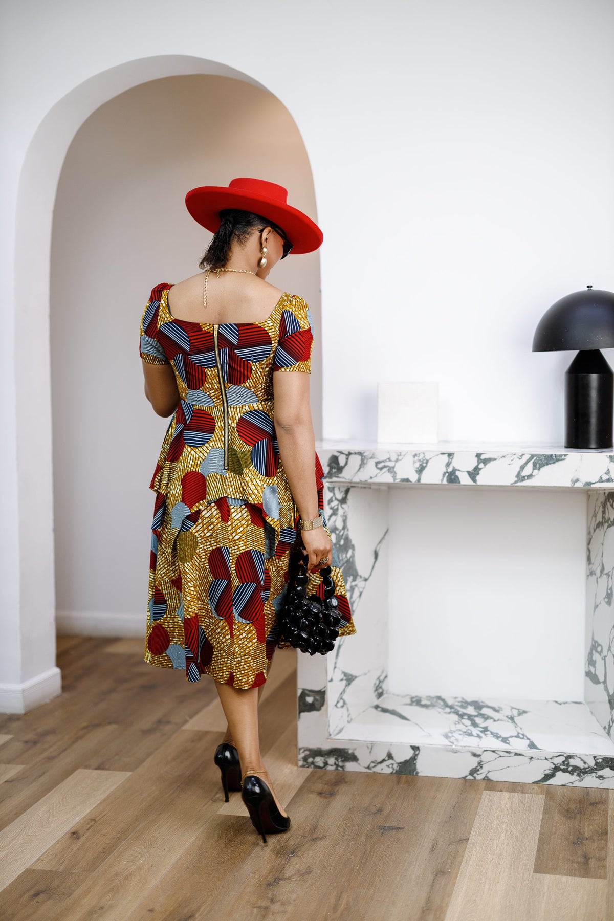 ADUKE AFRICAN PRINT PEPLUM MIDI DRESS [RED]