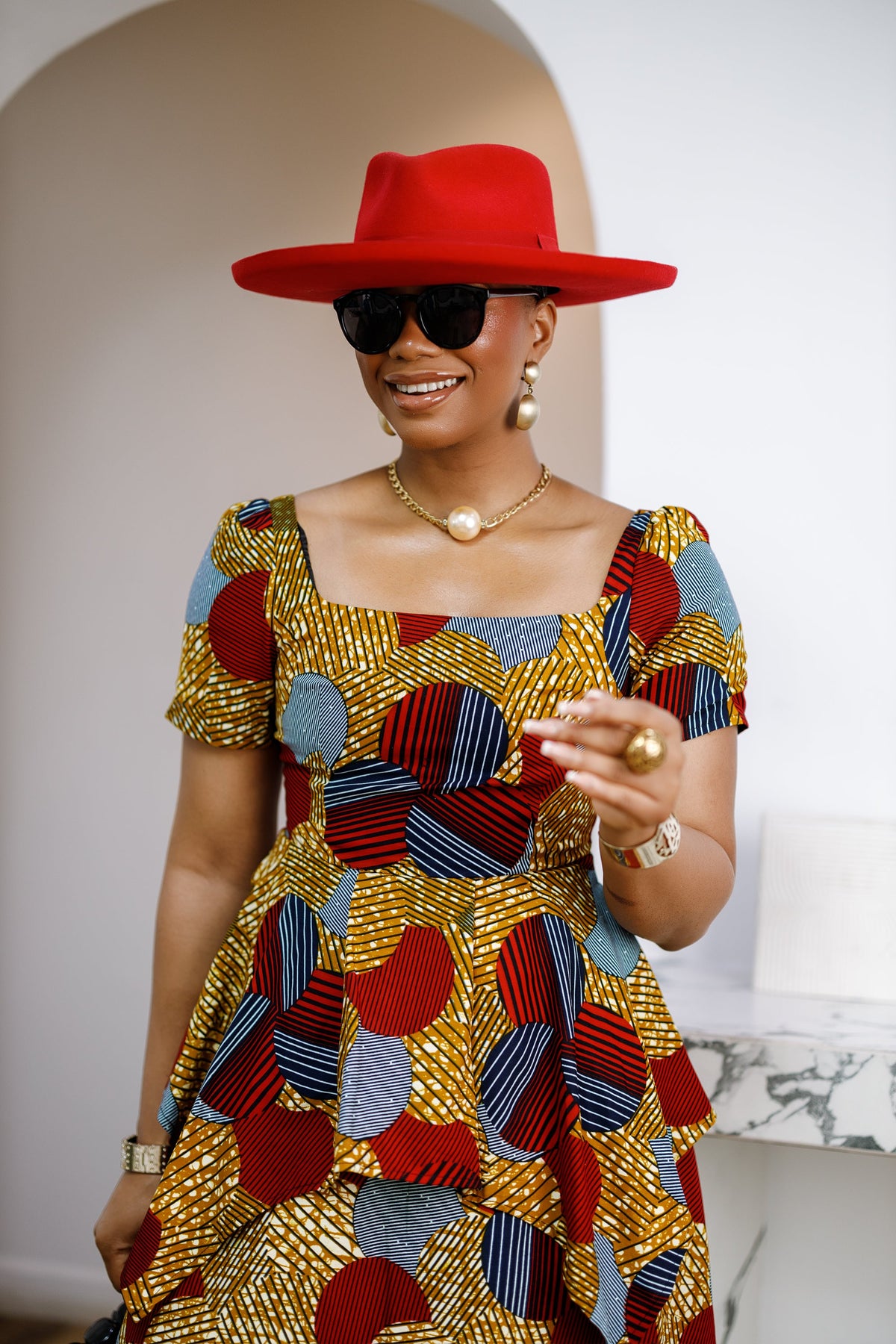ADUKE AFRICAN PRINT PEPLUM MIDI DRESS [RED]