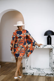 SADE AFRICAN PRINT CAPE SLEEVE MIDI DRESS