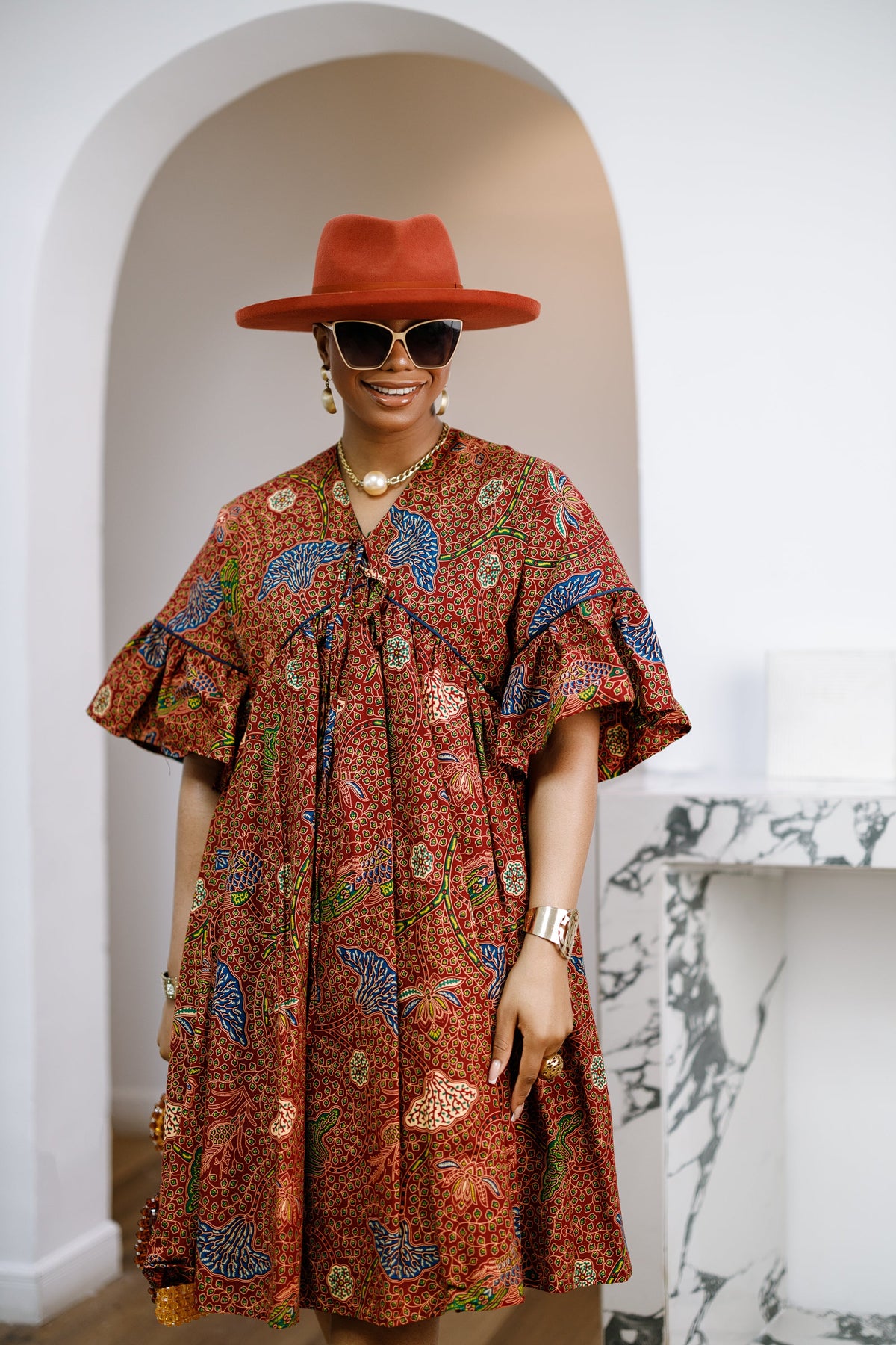 MILA AFRICAN PRINT FLOWY MIDI DRESS