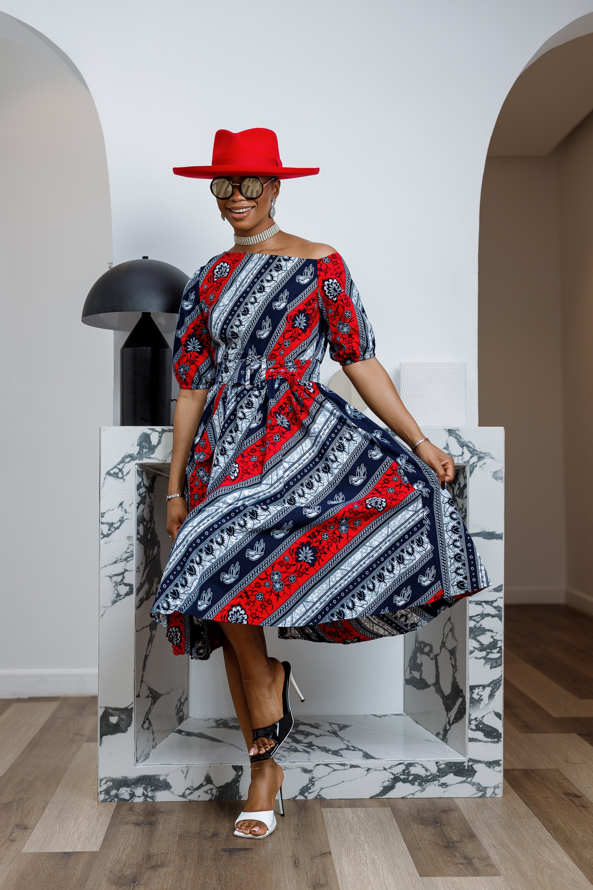 ROLU AFRICAN PRINT OFF SHOULDER DRESS [RED]----FINAL SALE