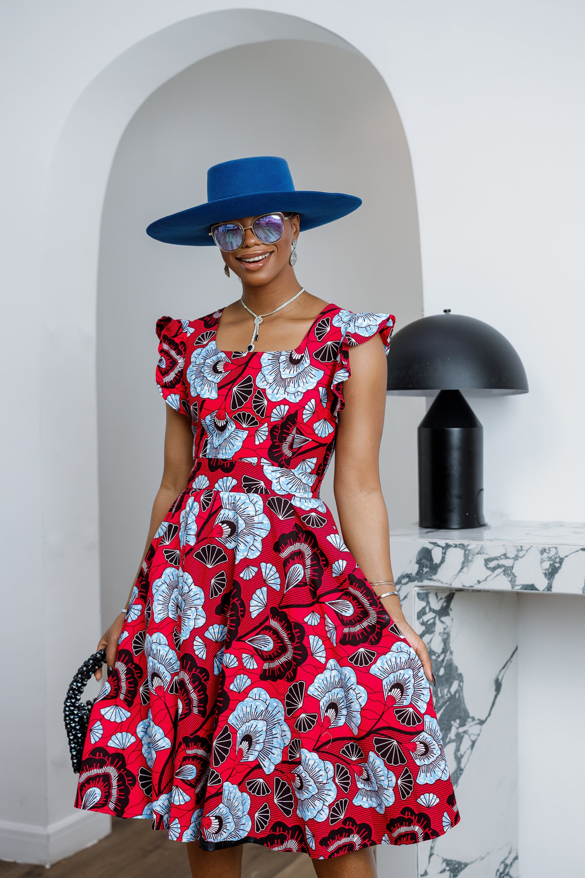 MALIKA AFRICAN PRINT FRILL SLEEVE DRESS [RED]