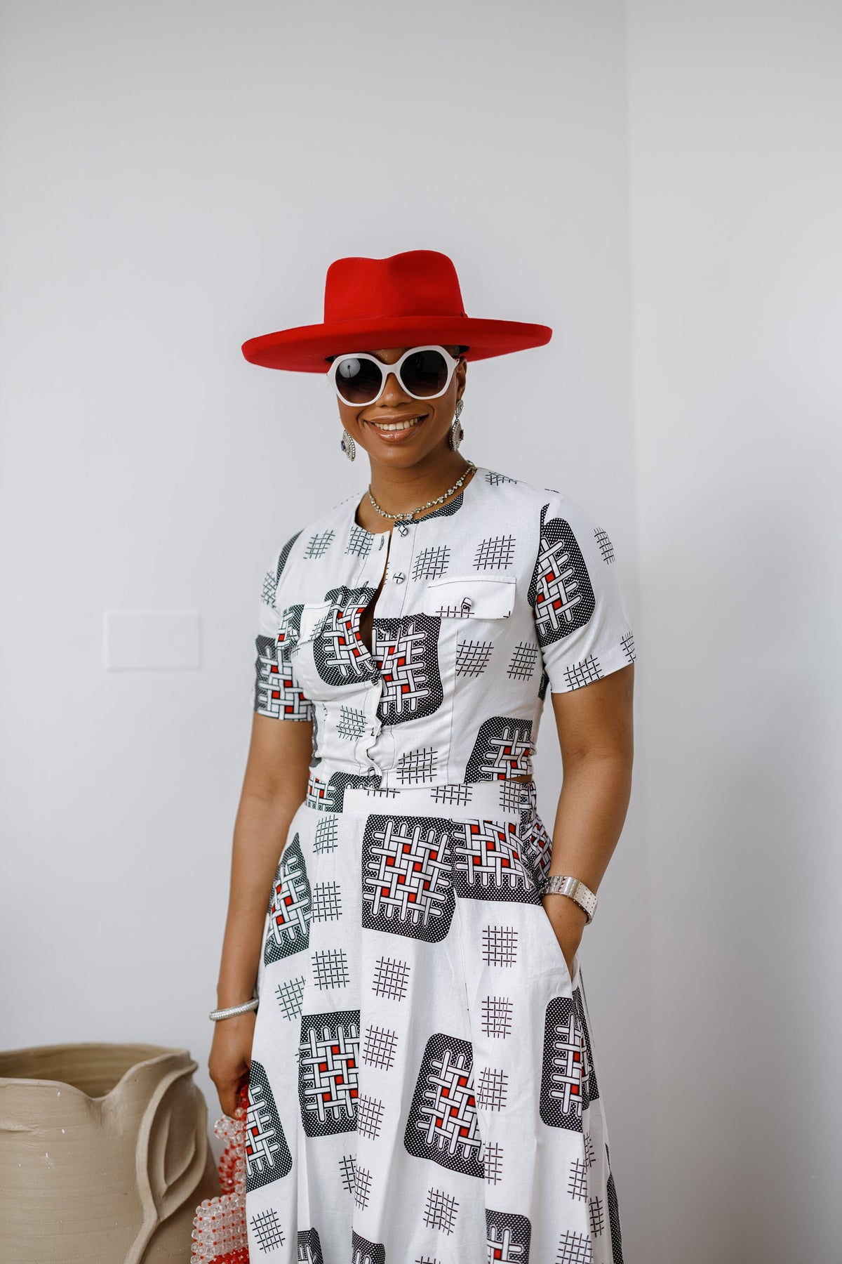 AMARA AFRICAN PRINT CROP TOP & MIDI SKIRT SET [WHITE]