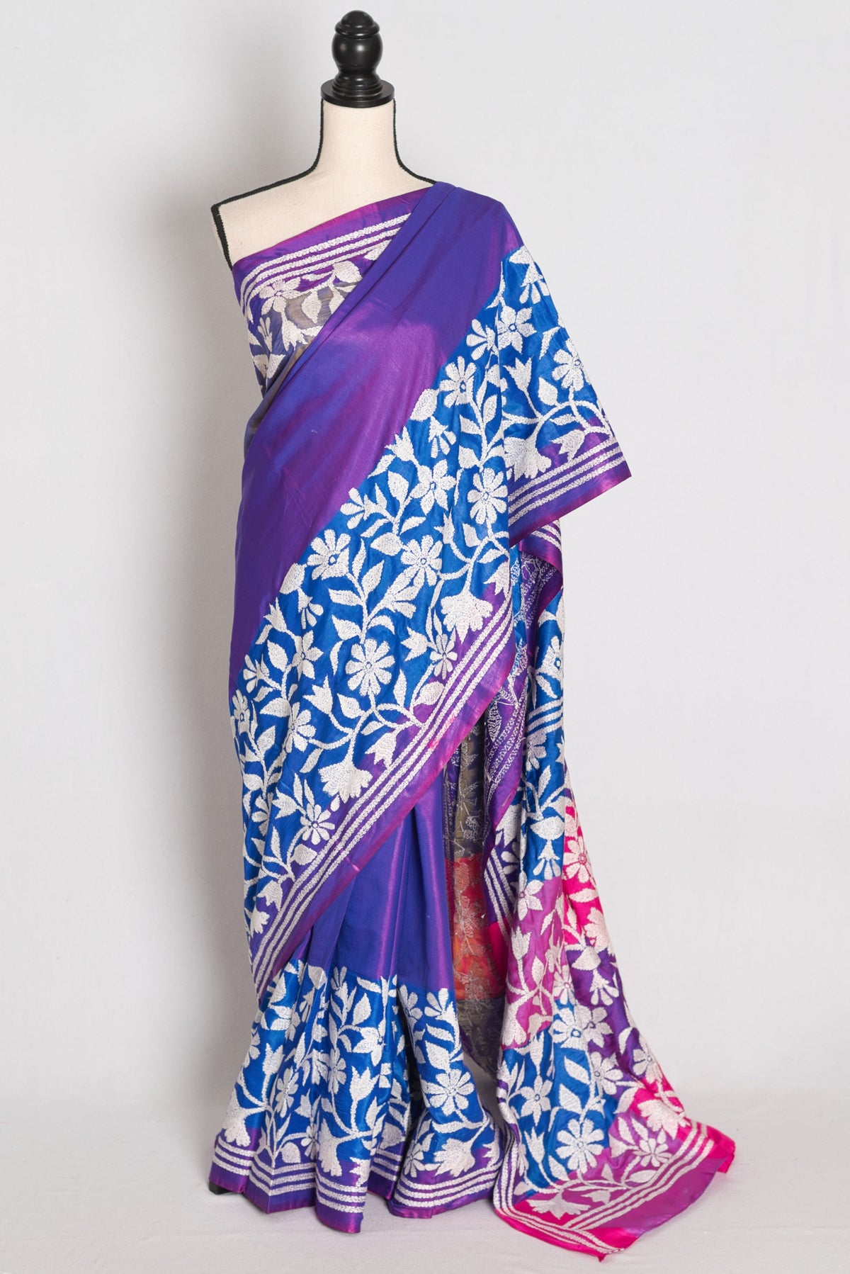 Sandhya : Purple Semi Silk Kantha Stitch Saree | Hand-Embroidered