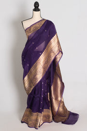 Aparna : Purple and Gold Pure Kora Organza Banarasi Silk Saree with Zari Booti