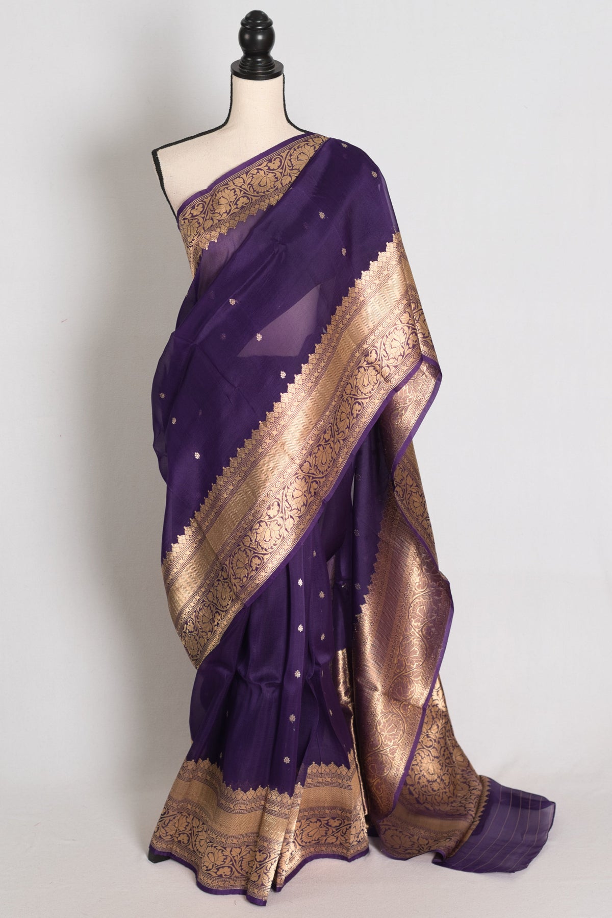 Aparna : Purple and Gold Pure Kora Organza Banarasi Silk Saree with Zari Booti