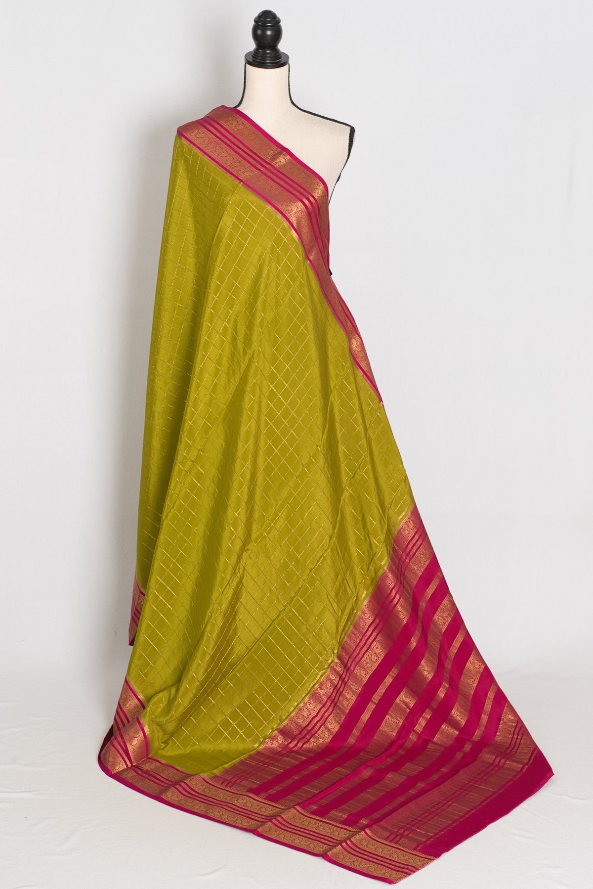 Maya – Moss Green and Dark Pink Checked Pure Mysore Silk Saree