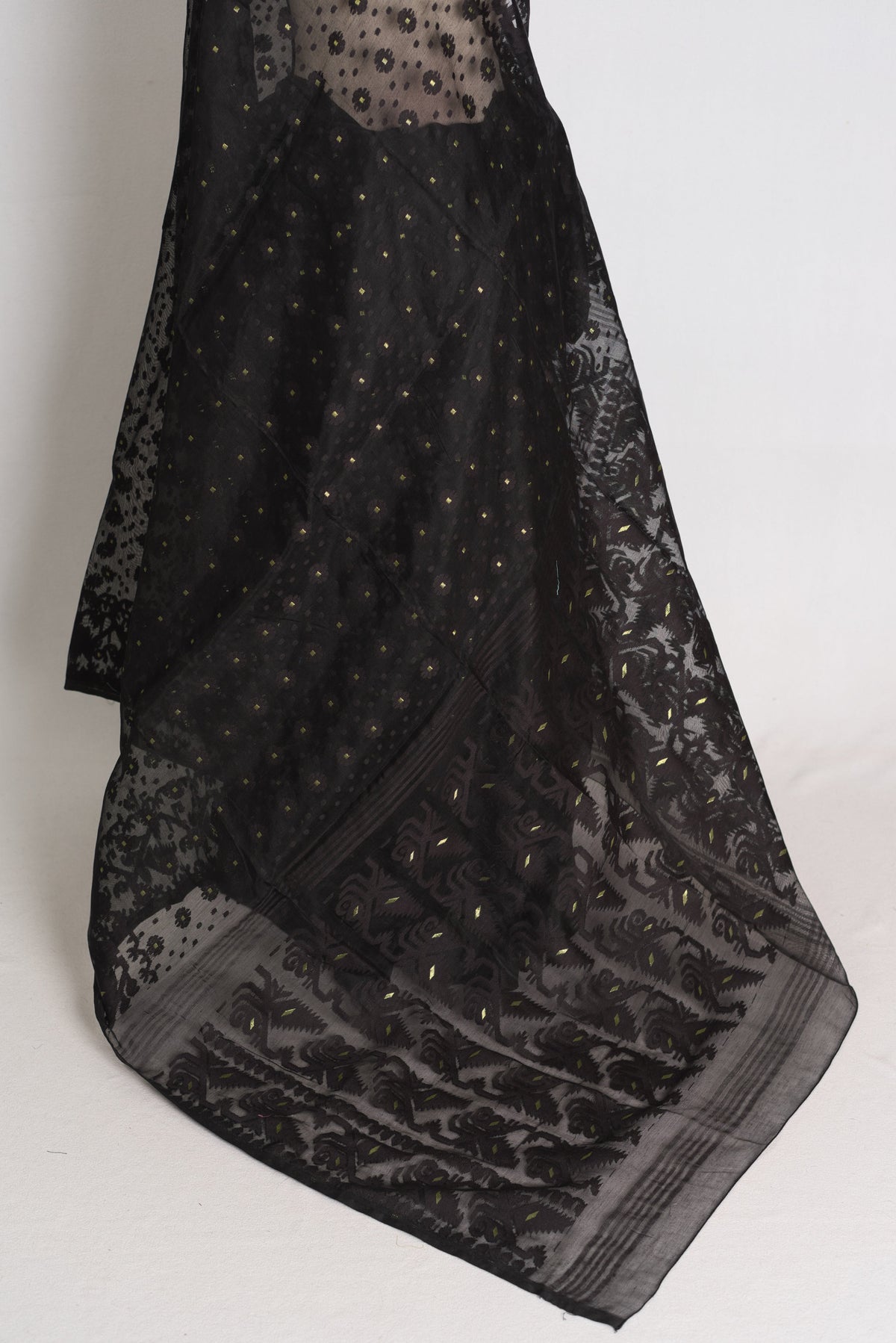 Koli : Midnight Black and Gold Soft Blended Cotton Bengali Jamdani Saree