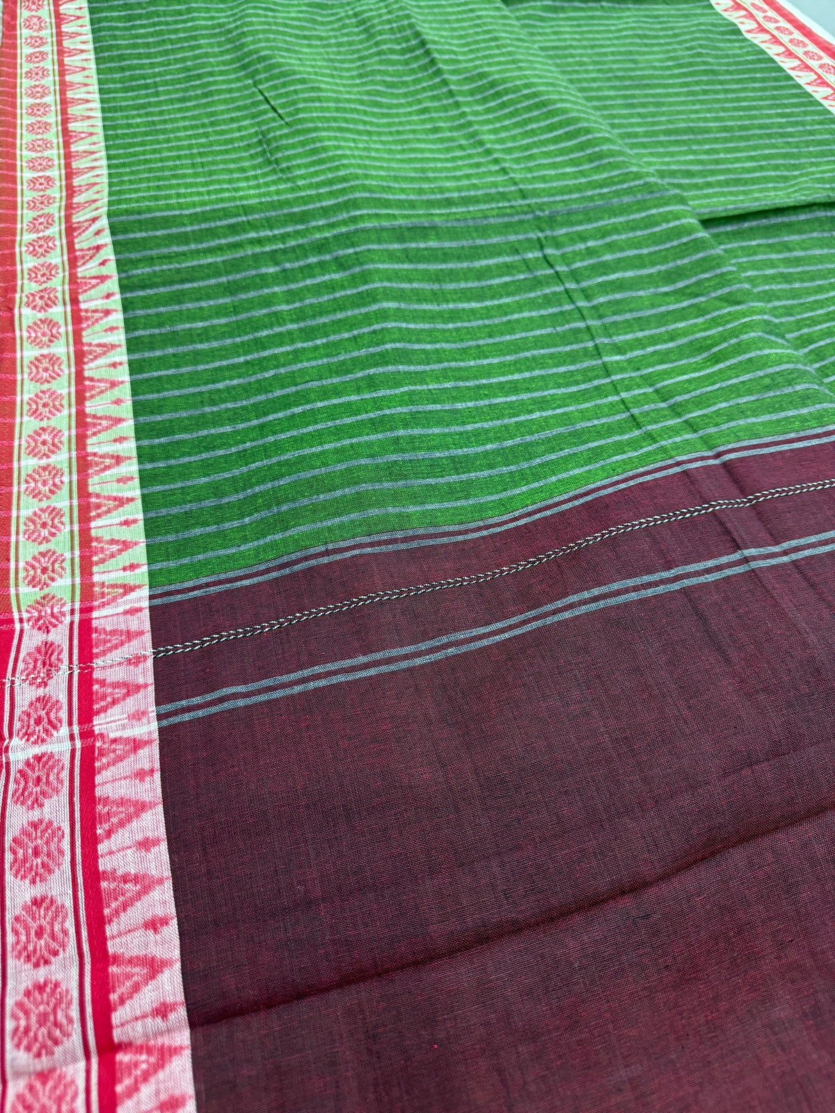 Bina : Heena Green Red Soft Cotton Dhaniakhali Saree