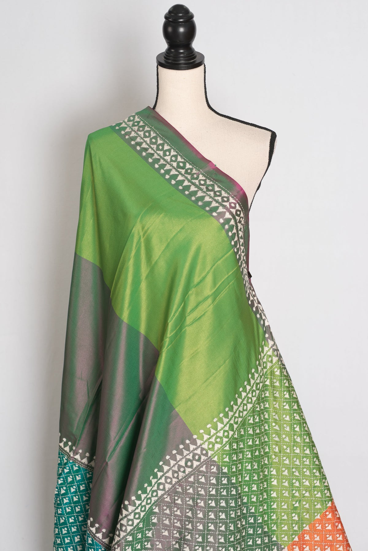 Damini : Green Semi Silk Kantha Embroidery Saree with 42 Size Stitched Blouse