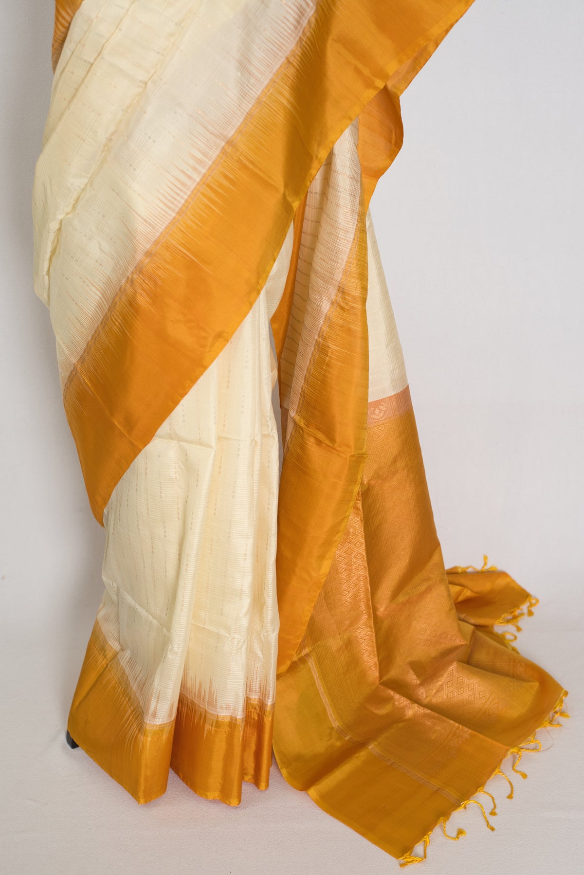 Priya : Cream & Mustard Yellow Pure Silk Kanjivaram Saree | Silk Mark Certified