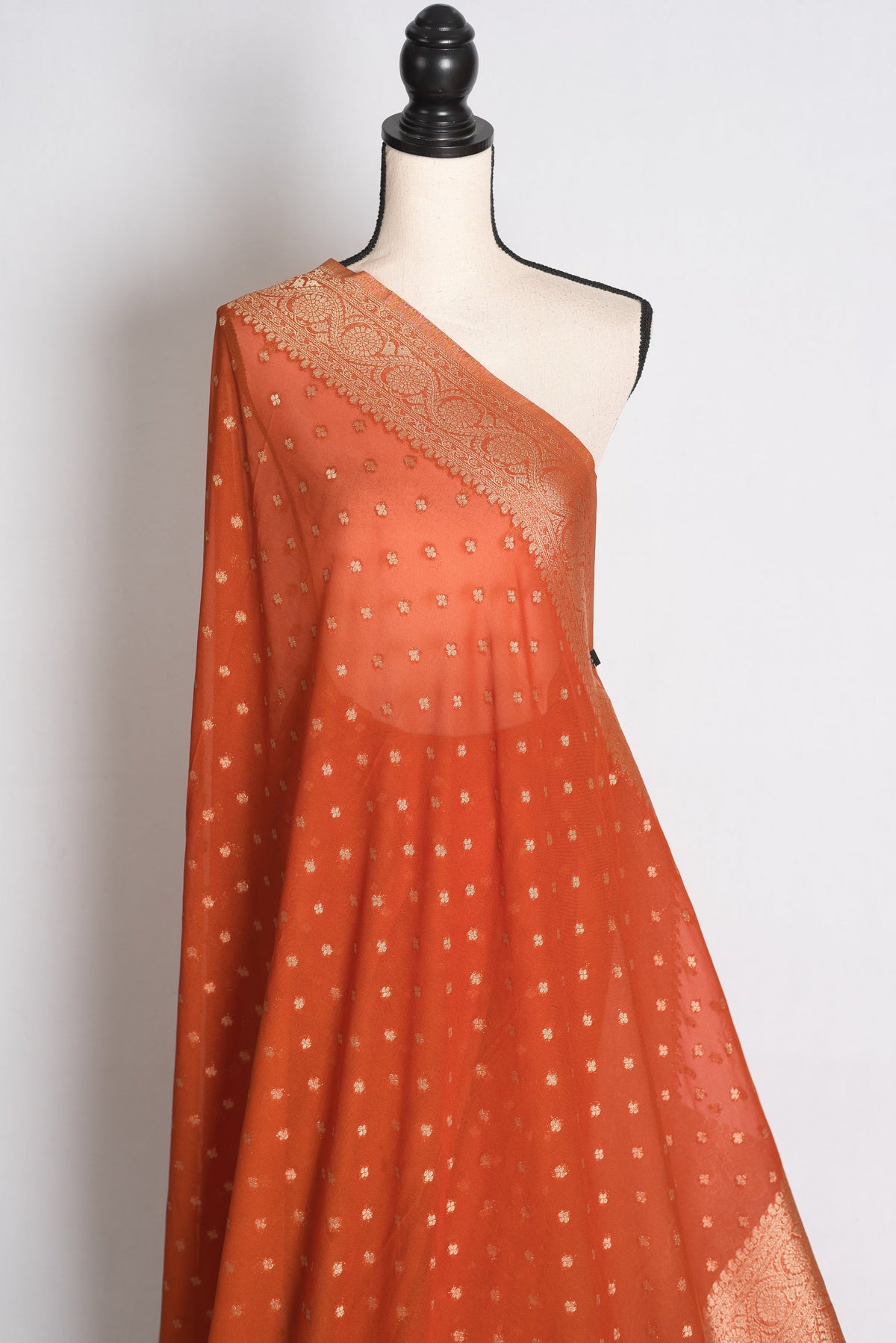 Mahi: Rust Brown Lightweight Semi Georgette Banarasi Saree with 38 Size Blouse