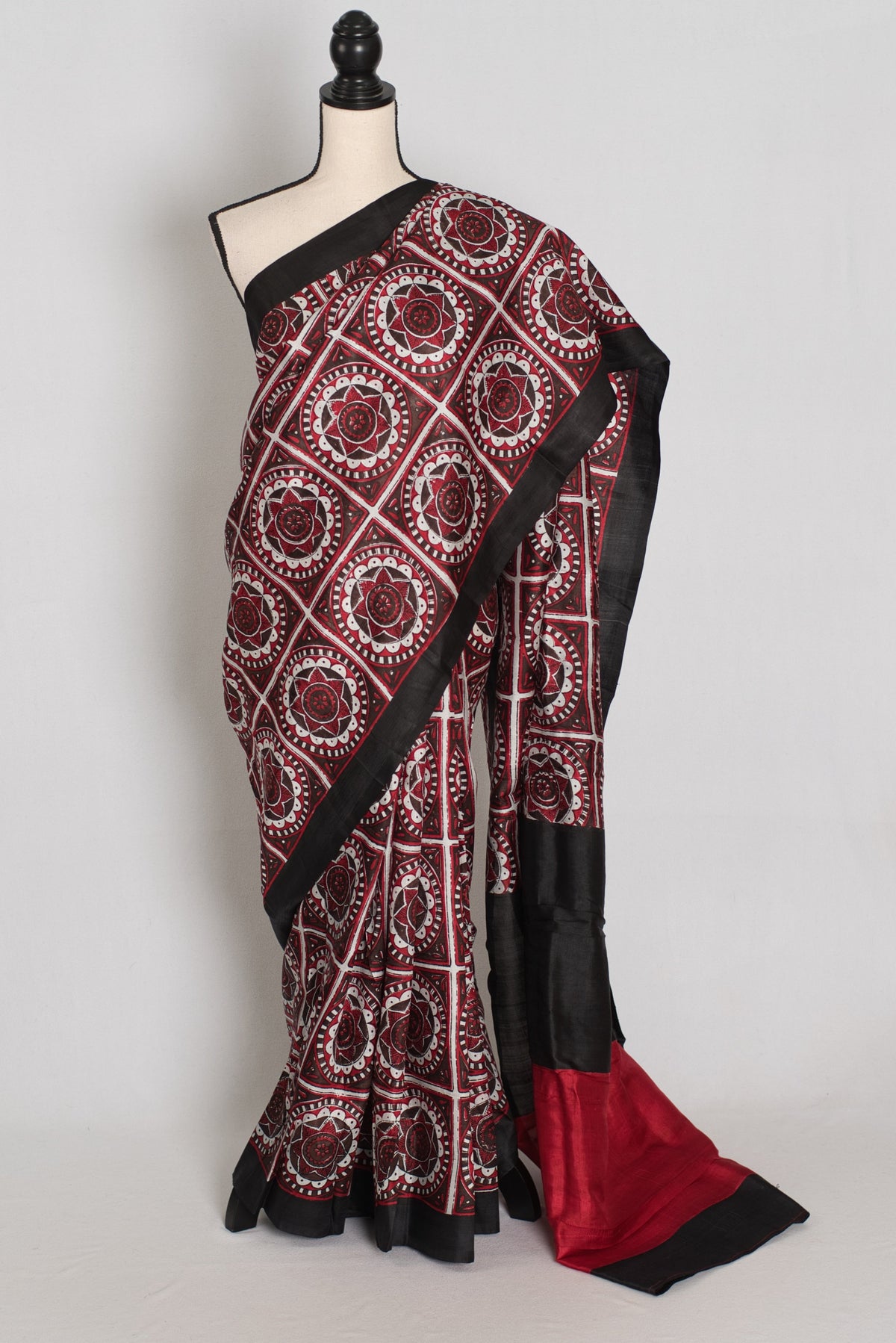 Dhriti : Black and Red Contemporary Hand Block Printed Murshidabad Silk Saree
