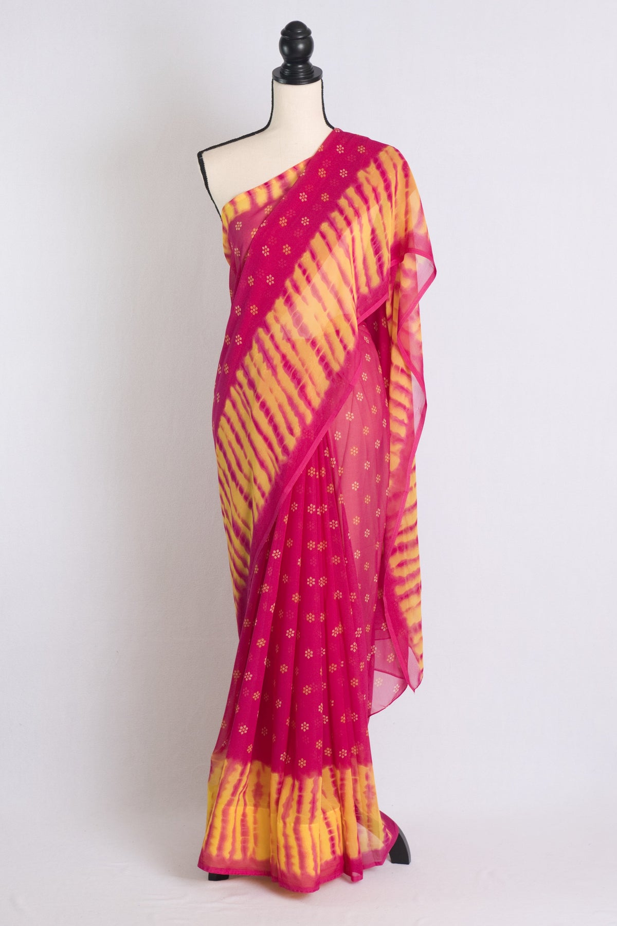 Chiffon Chunri Saree in Dark Pink and Yellow