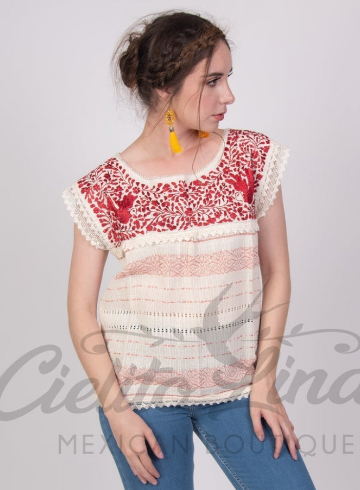 Oaxaca Paloma Blouse Ivory with Red