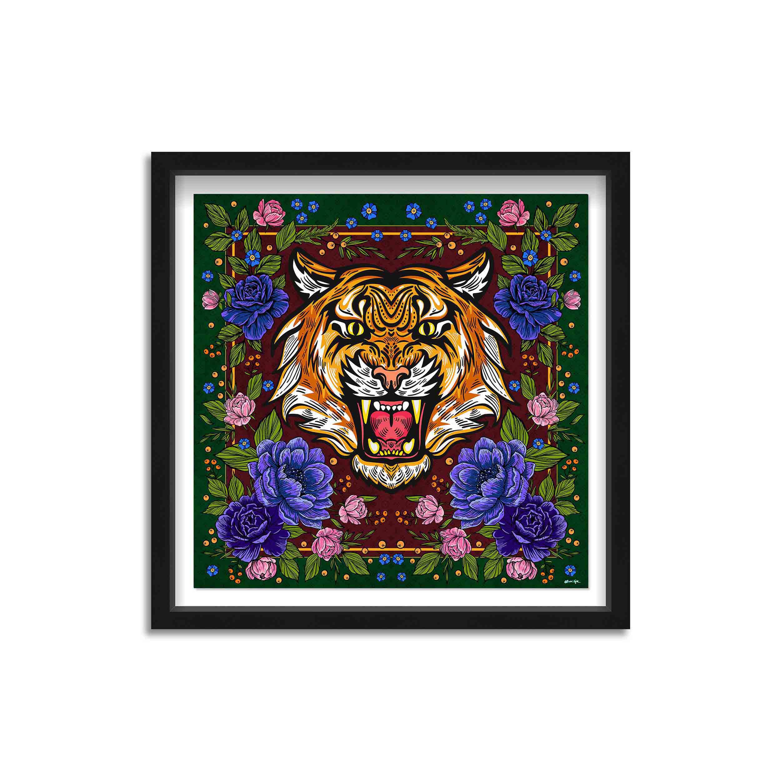 Floral Feline Roses Blue - Displayed in a Shadowbox