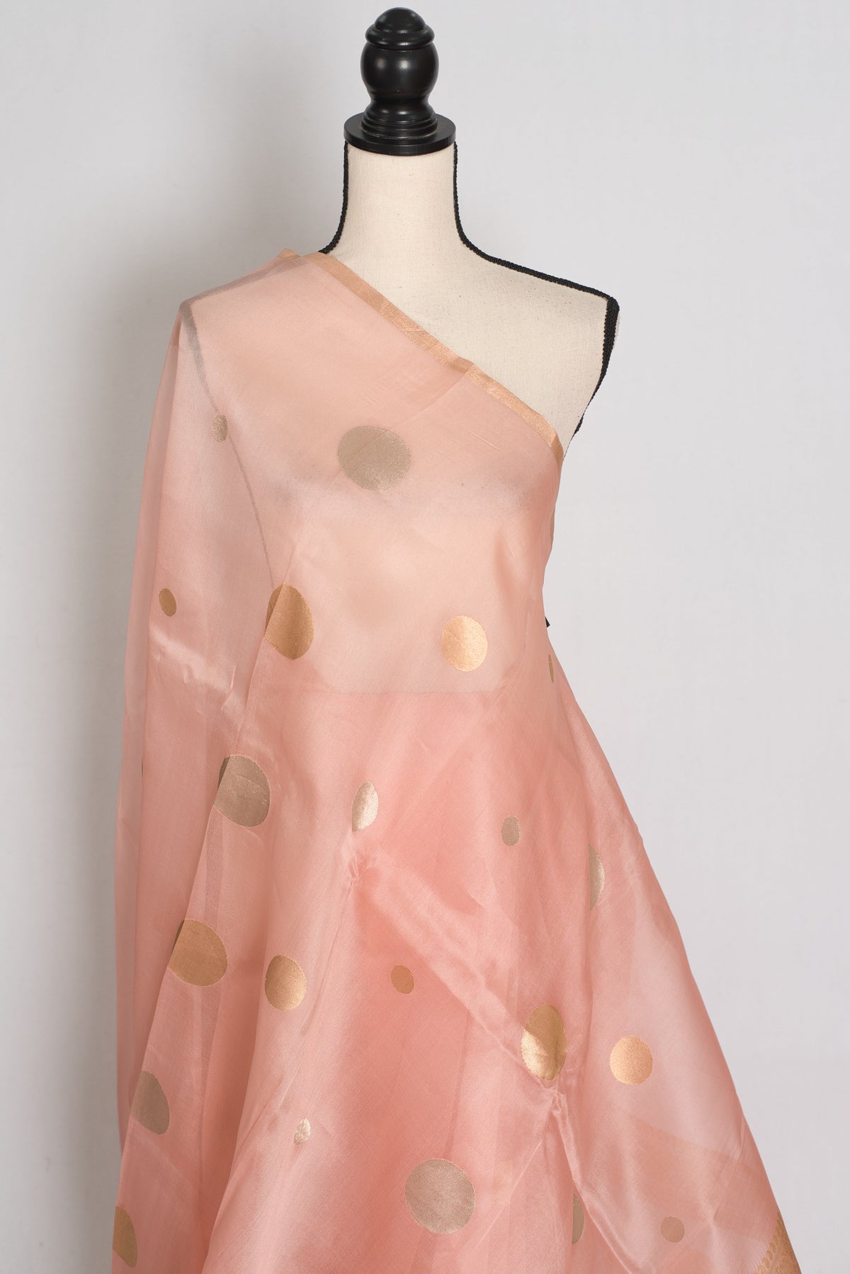 Medha : Peachy Pink Polka Dot Handwoven Kora Banarasi Silk Saree | Silk Mark