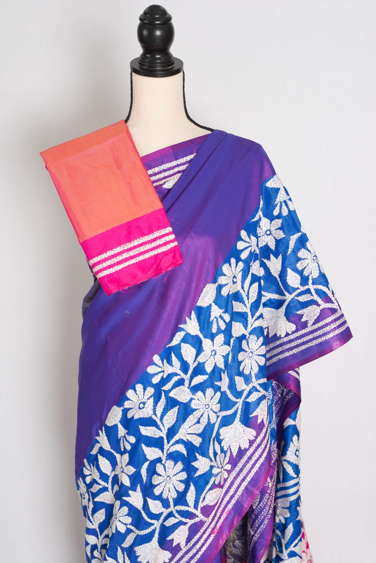 Sandhya : Purple Semi Silk Kantha Stitch Saree | Hand-Embroidered