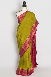 Maya – Moss Green and Dark Pink Checked Pure Mysore Silk Saree