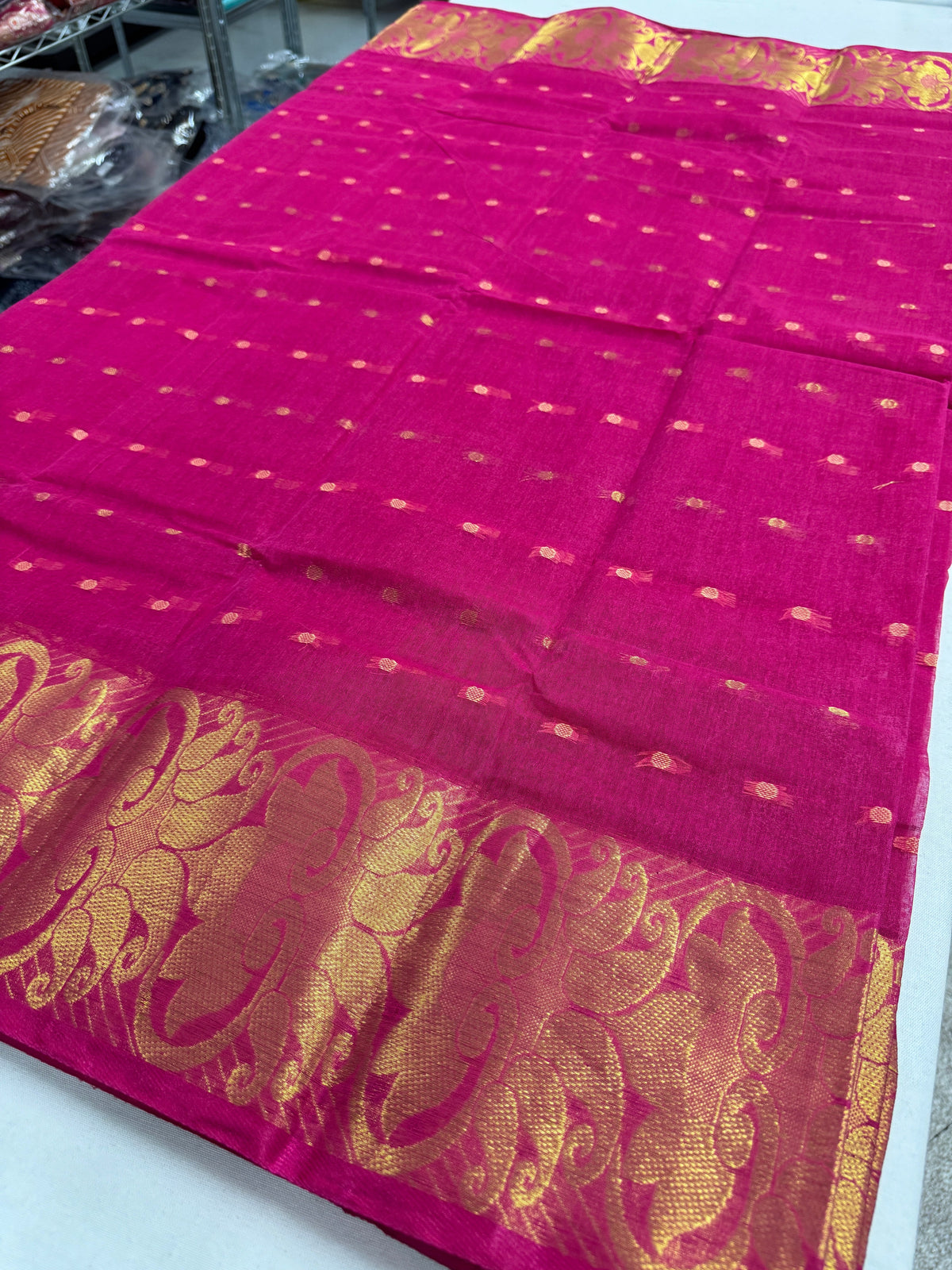 Indrani : Hot Pink & Gold Bengal Handloom Pure Cotton Tant Saree