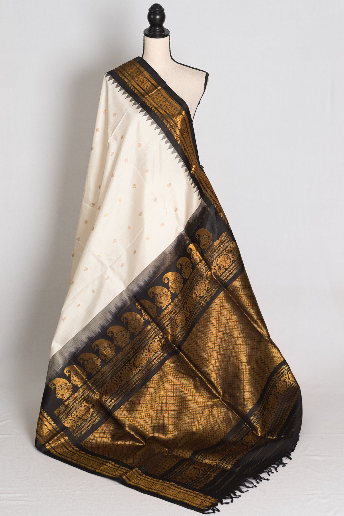 Sabina : Off White and Black Handwoven Gadwal Silk Saree with Gold Zari