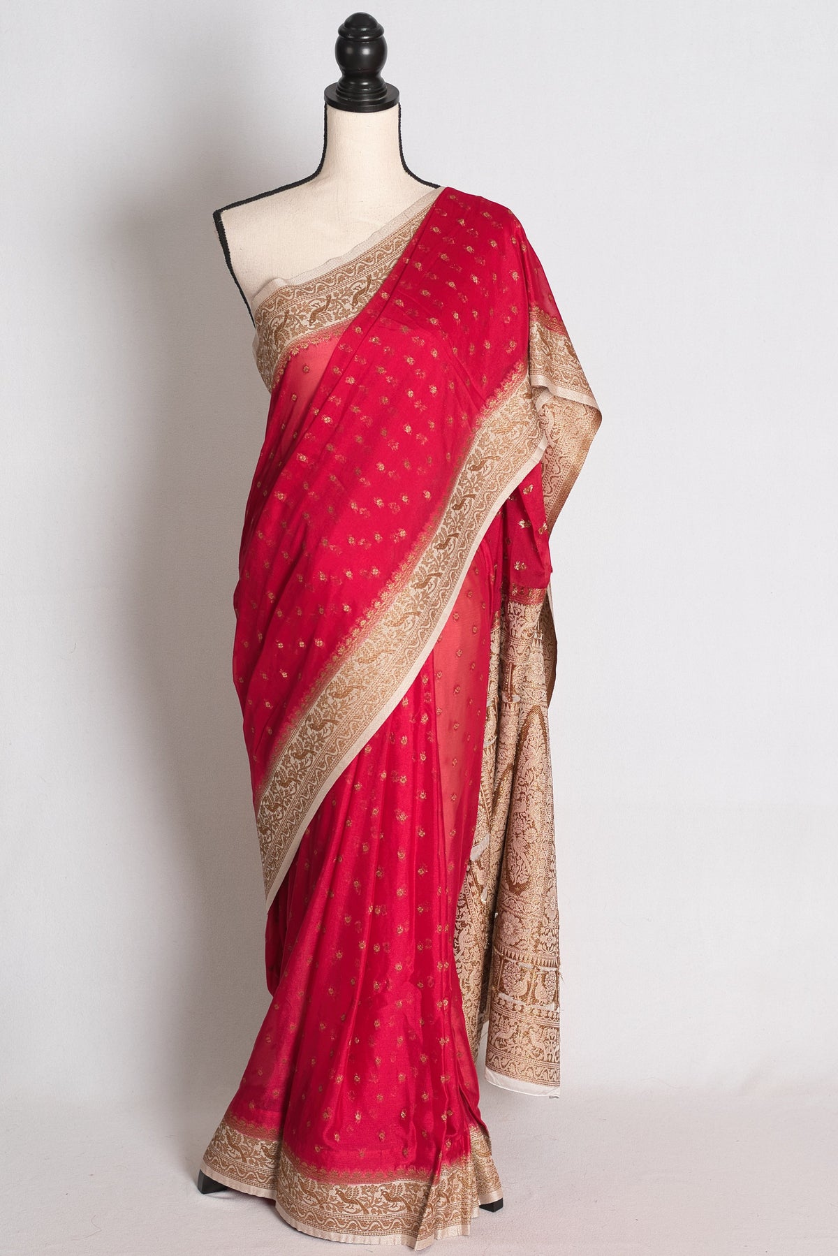 Rani: Dark Pink and Off-White Semi Georgette Banarasi Saree