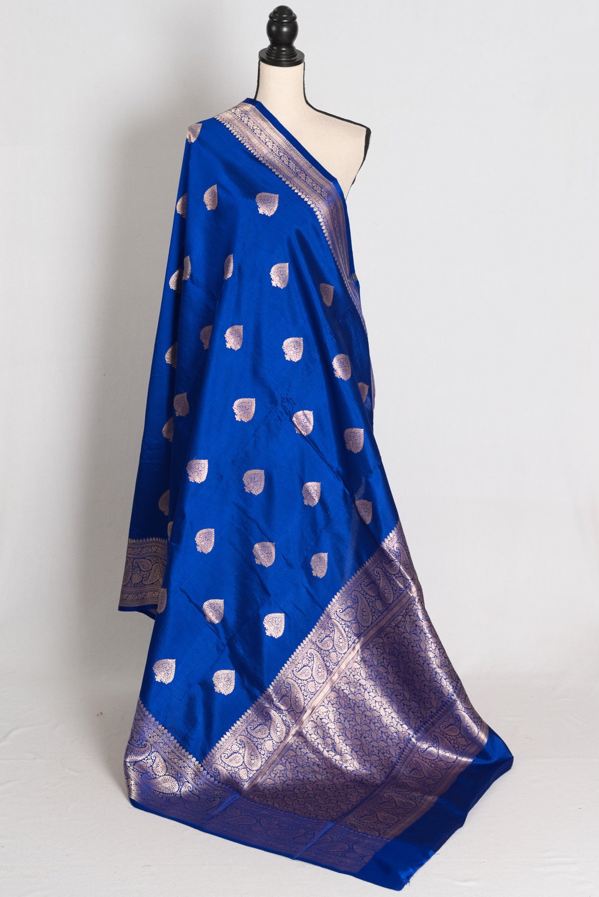 Sumaira : Royal Blue Pure Satin Silk Banarasi Saree with Silver-Gold Zari
