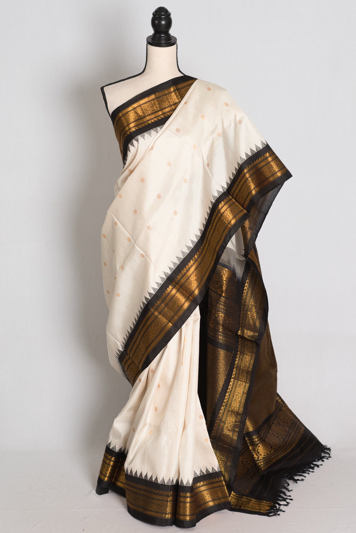 Sabina : Off White and Black Handwoven Gadwal Silk Saree with Gold Zari