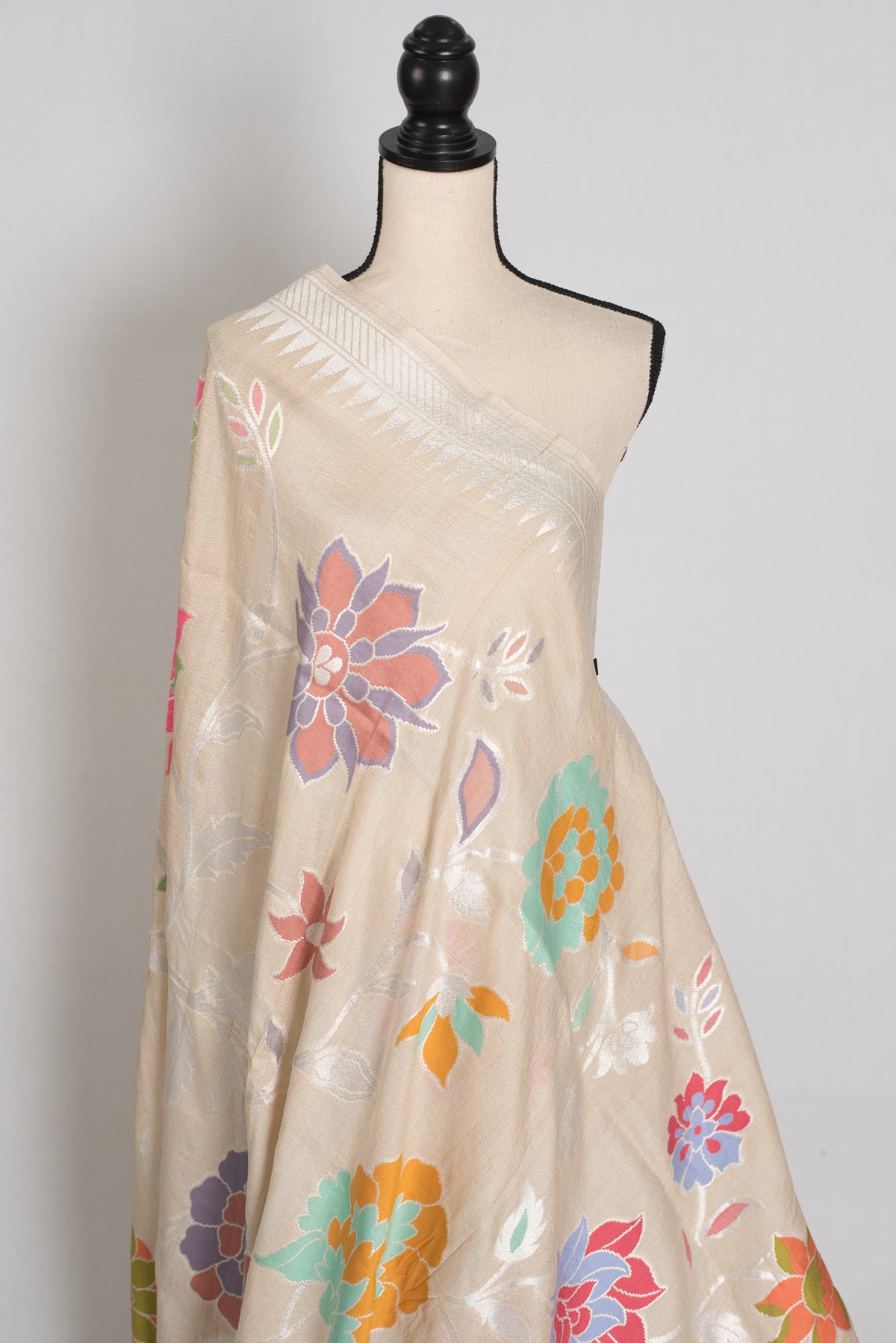 Naaz : Beige Tussar Georgette Banarasi Saree with 38 Size Stitched Blouse