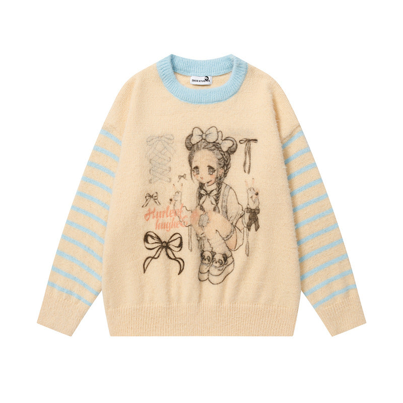 Color-block Striped Sweater Women Loose Lazy Fit Pullover Knitwear