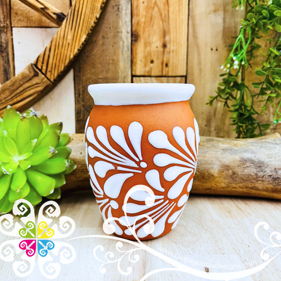 Set of Natural with White Espiga Plumeado Cantarito Cup - Set Clay Cantarito
