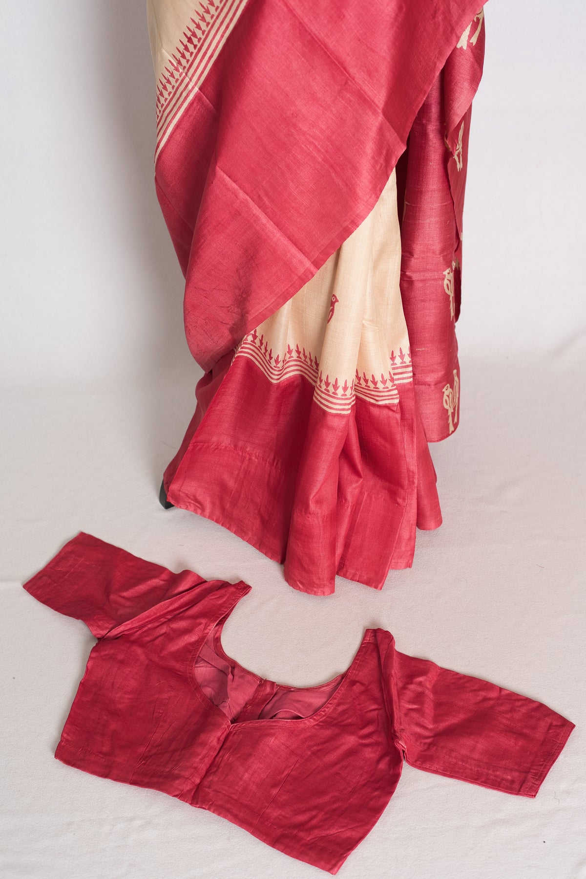 Mahi : Cream and Pink Bird Block Printed Tussar Silk Saree with 38 Size Blouse