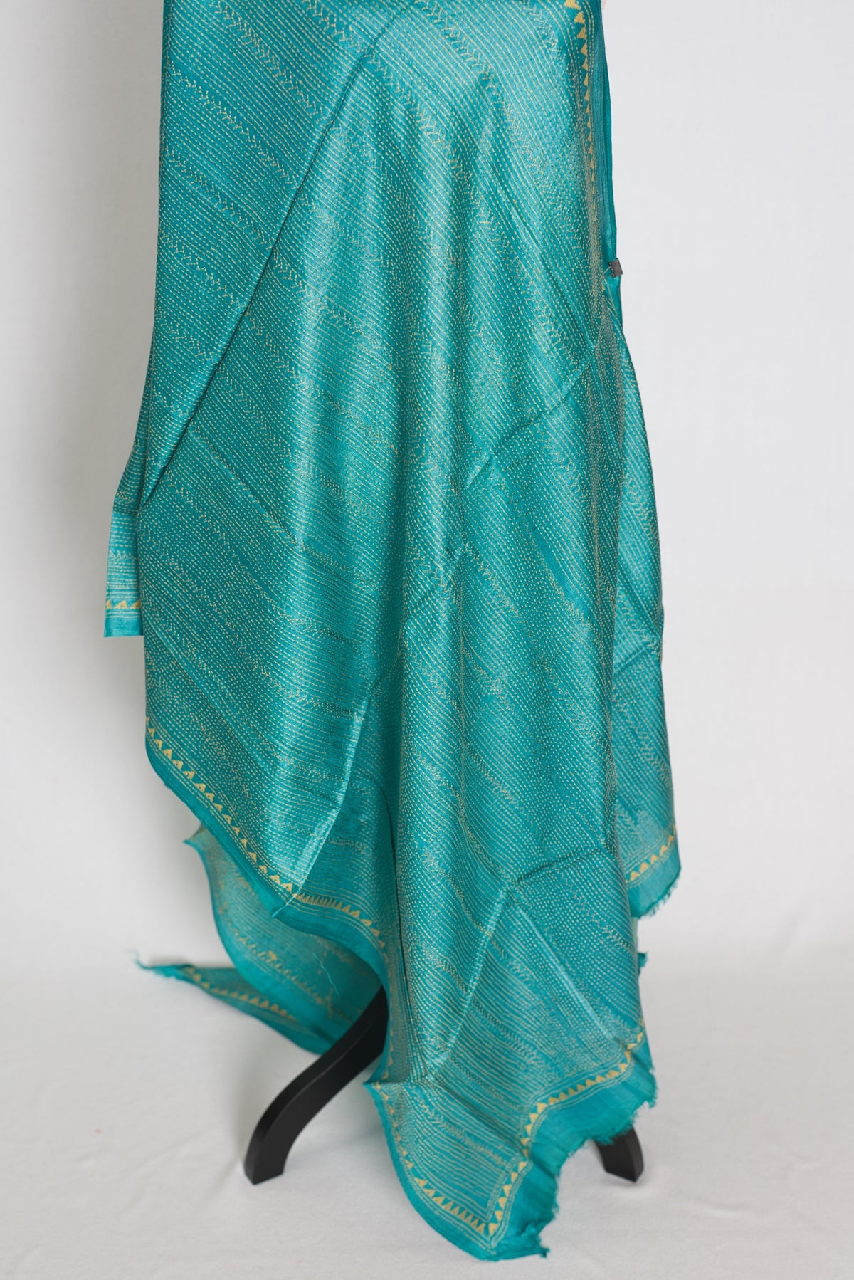 Hand Embroidered Turquoise Blue & Mustard Gold Desi Tussar Silk Kantha Dupatta