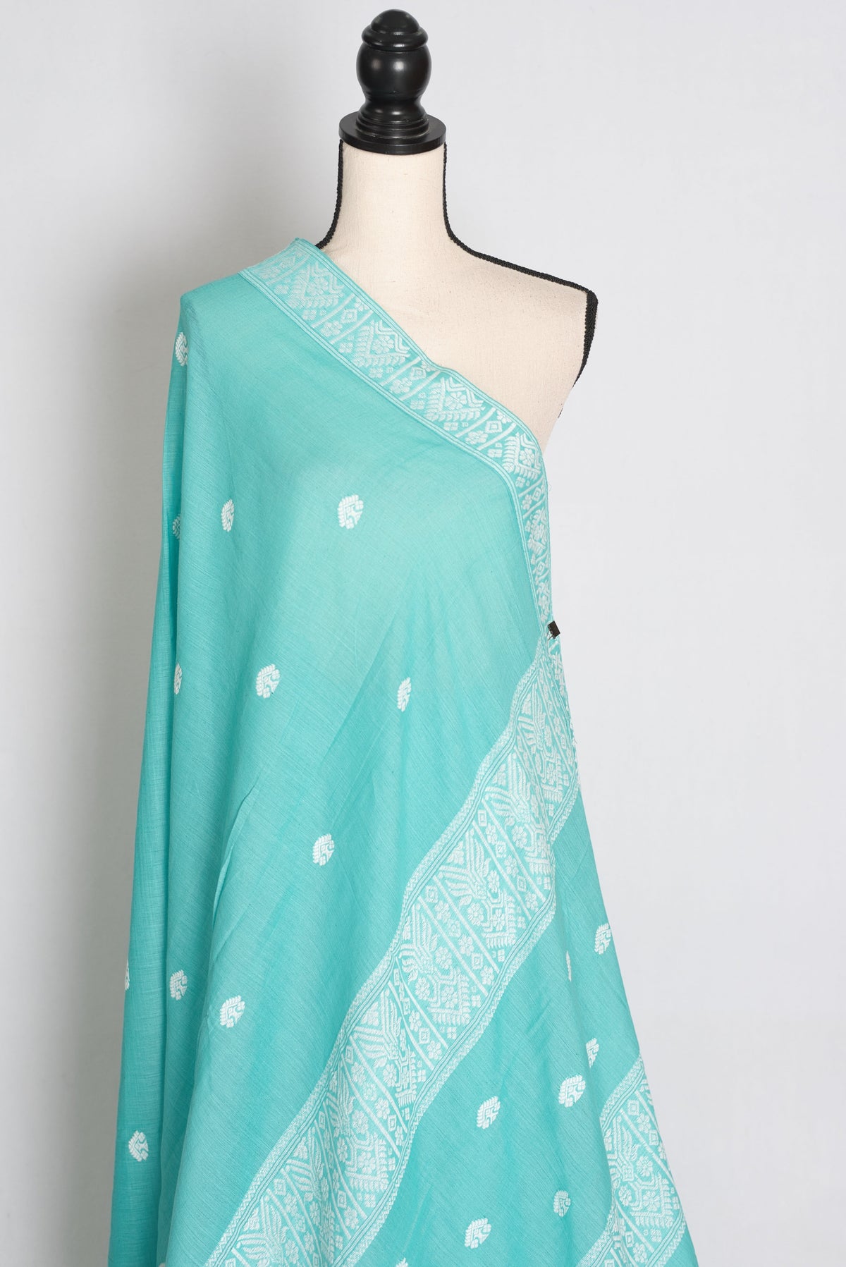 Ashmi : Sea Green & White Soft Pure Cotton Handloom Assamese Saree