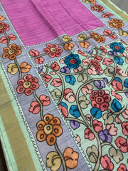 Neha: Vibrant Pink & Grey Semi Tussar Silk Saree | Floral Kalamkari Print