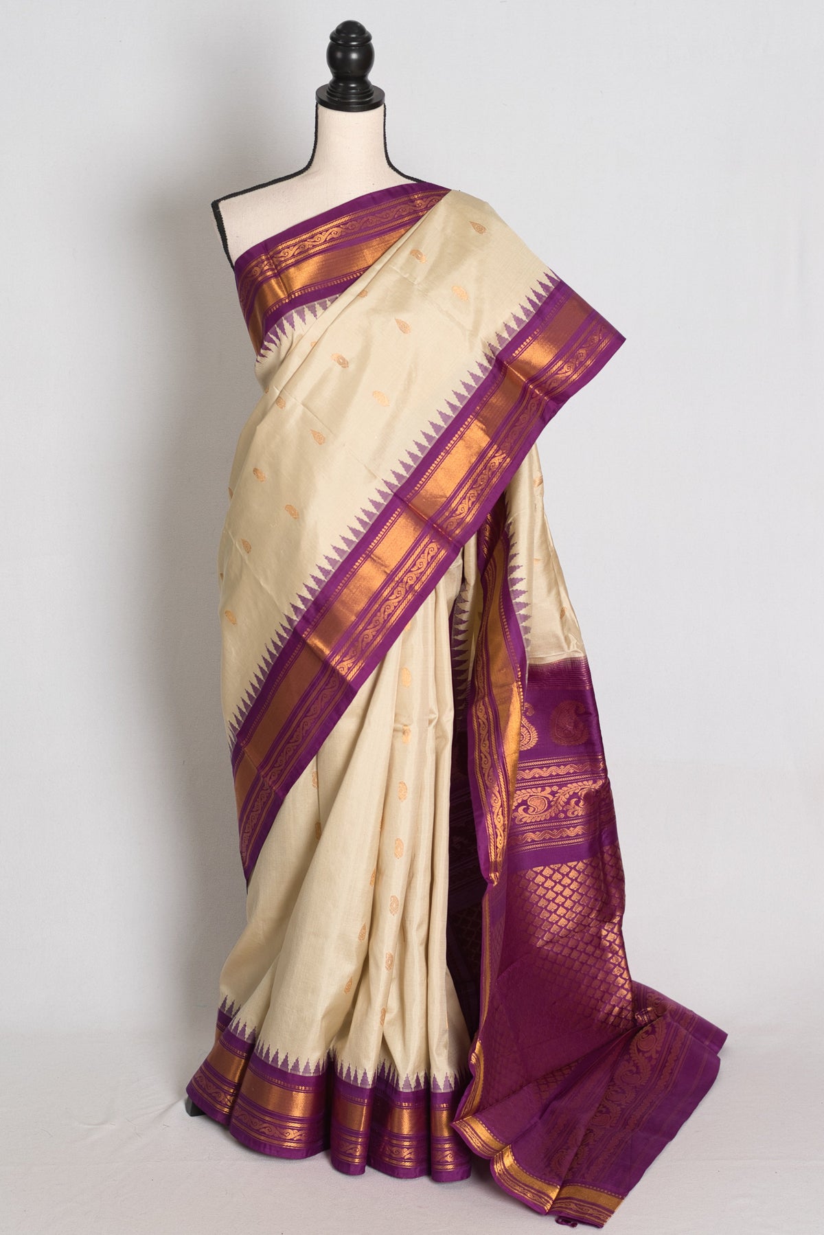 Sree : Clay White and Purple Handwoven Gadwal Silk Saree with Gold Zari