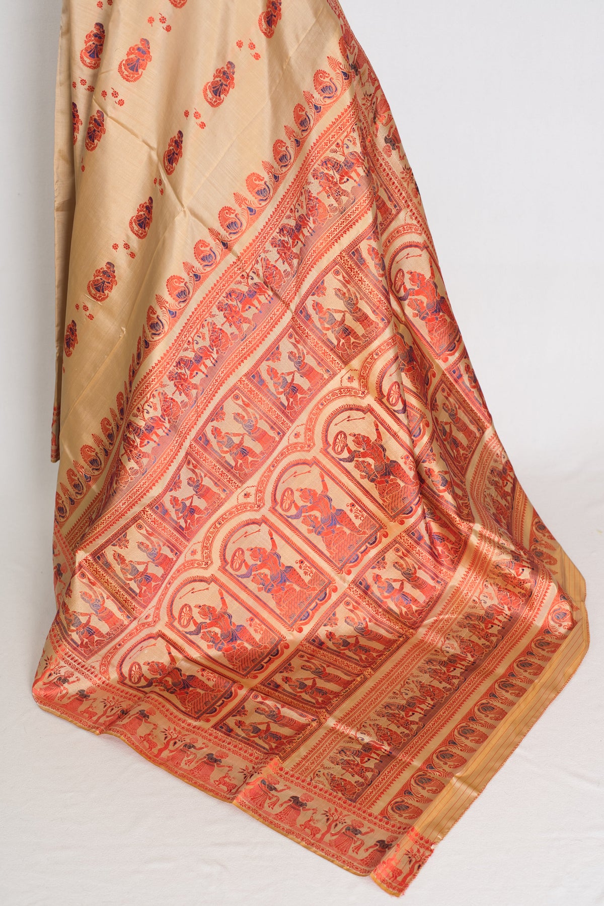 Bhromor | Beige & Orange Minakari Handwoven Baluchari Saree | 36 Size Blouse