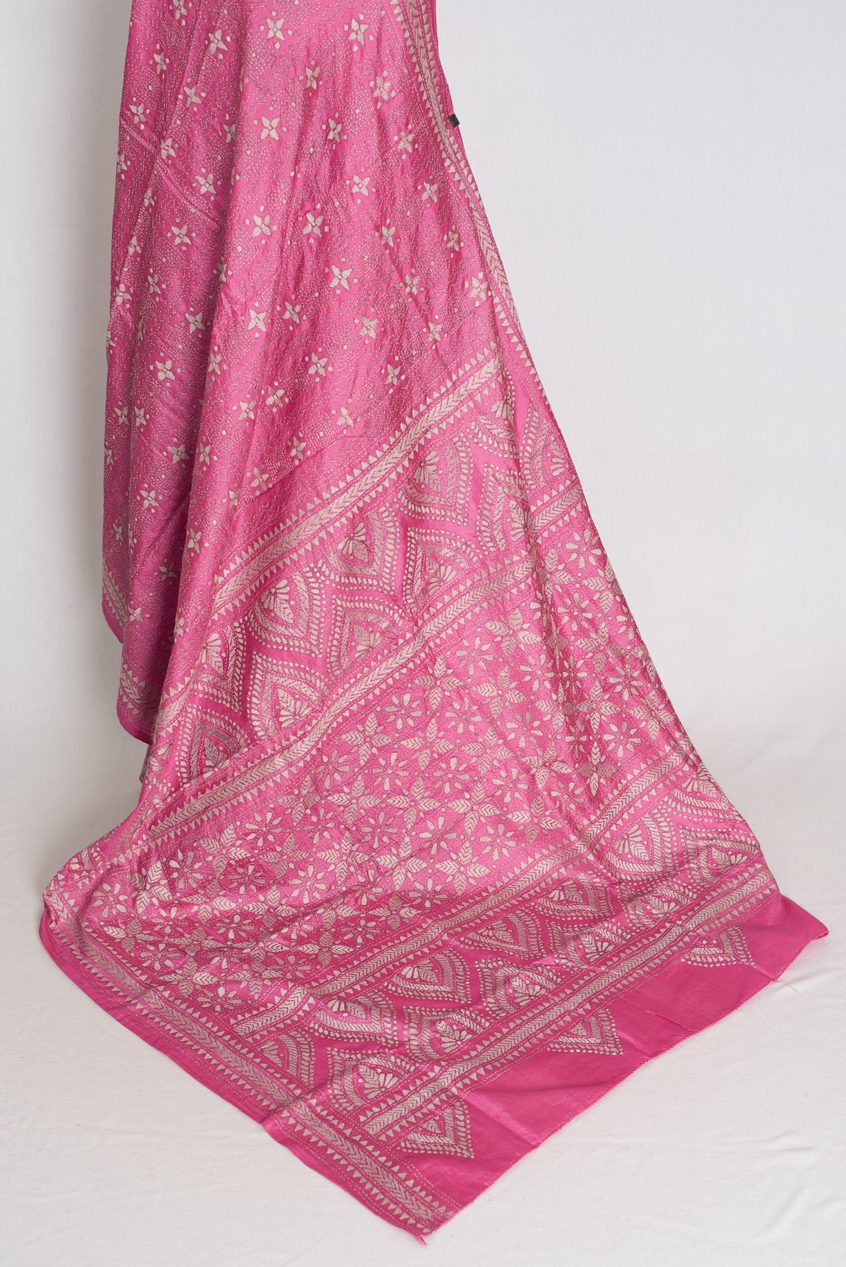 Bidisha : Vibrant Pink Hand Embroidered Kantha Stitch Pure Bangalore Silk Saree