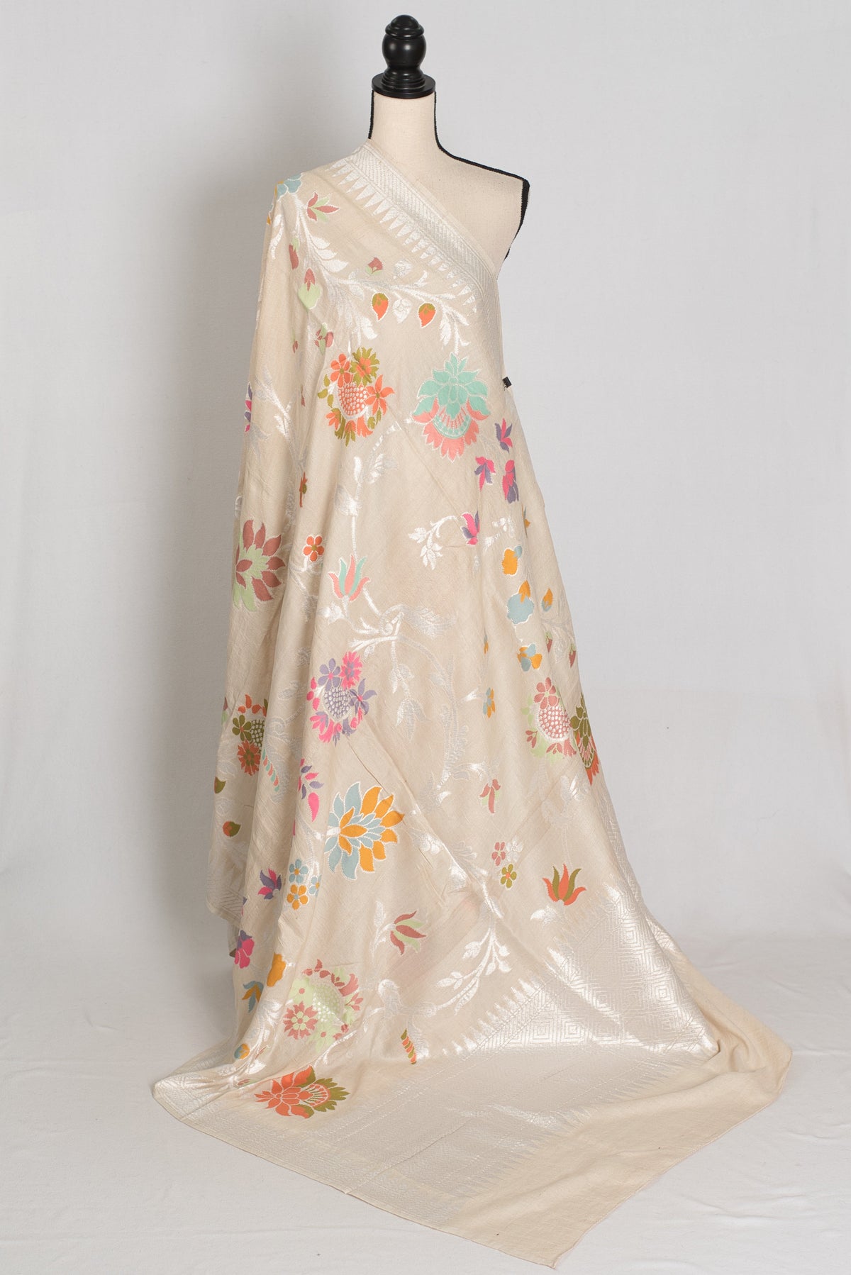 Nidhi : Beige & Silver Tussar Georgette Banarasi Saree with Minakari Florals