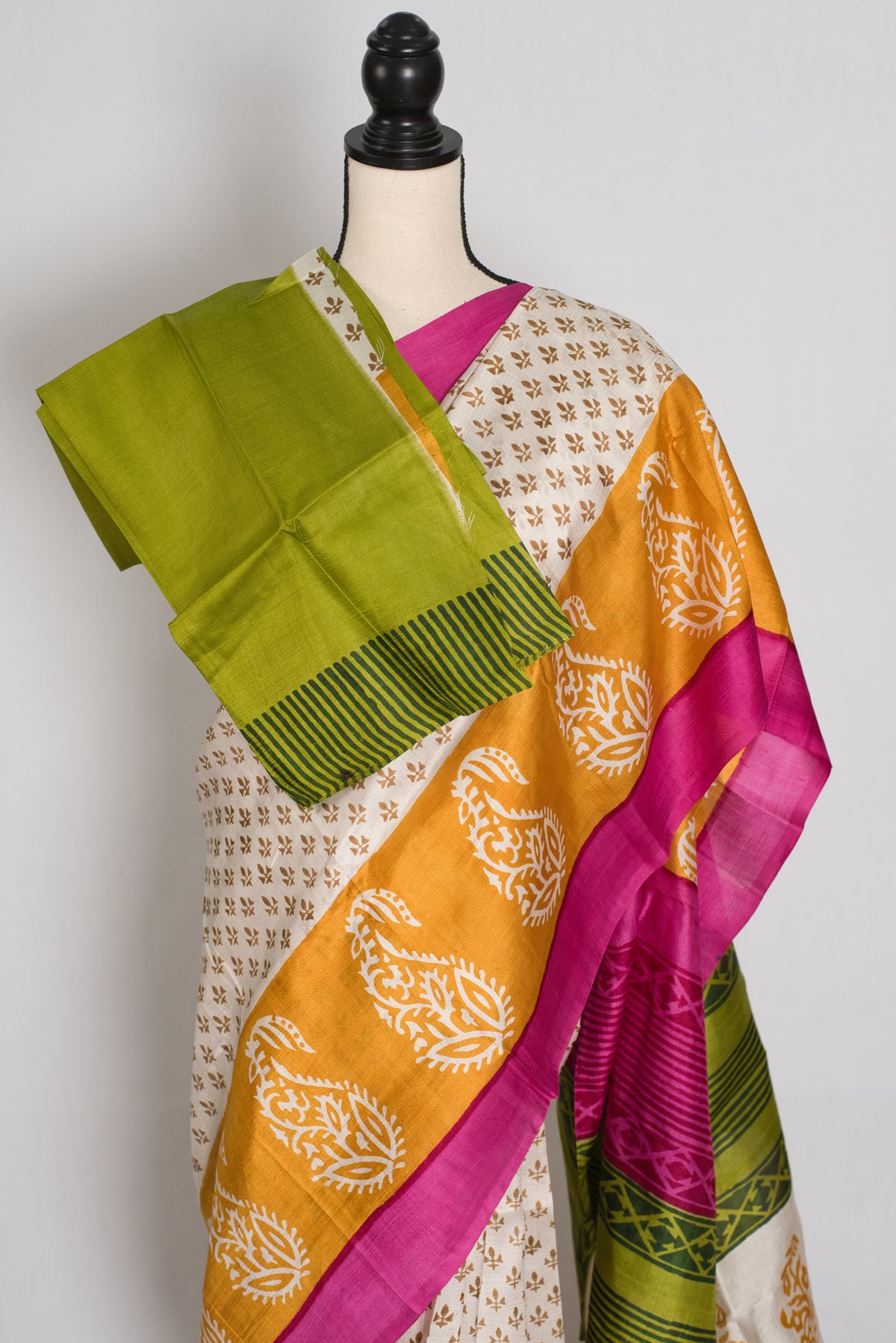 Basanti : Off-White, Pink and Yellow Hand Block Printed Murshidabad Silk Saree