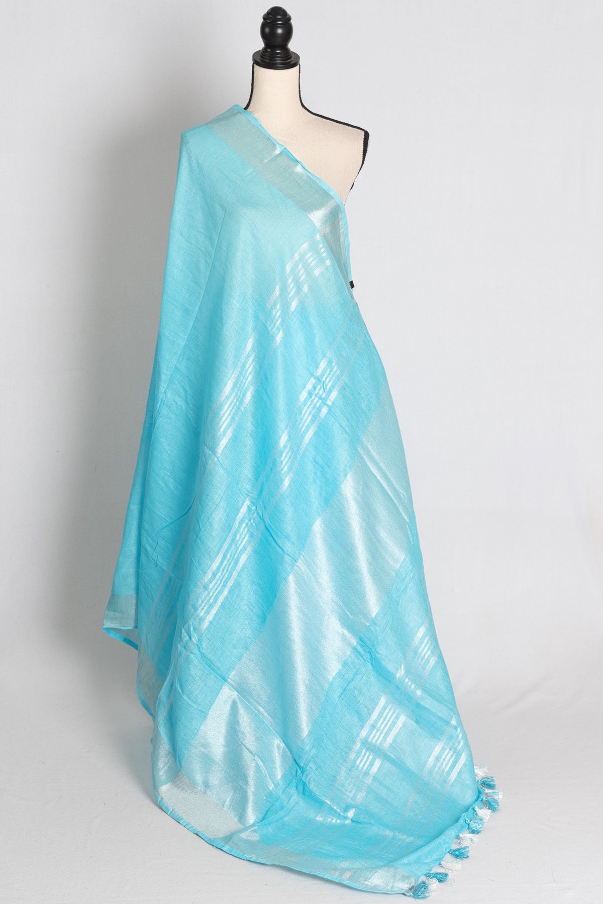 Arusi : Sky Blue Pure Linen Saree with Silver Zari Border