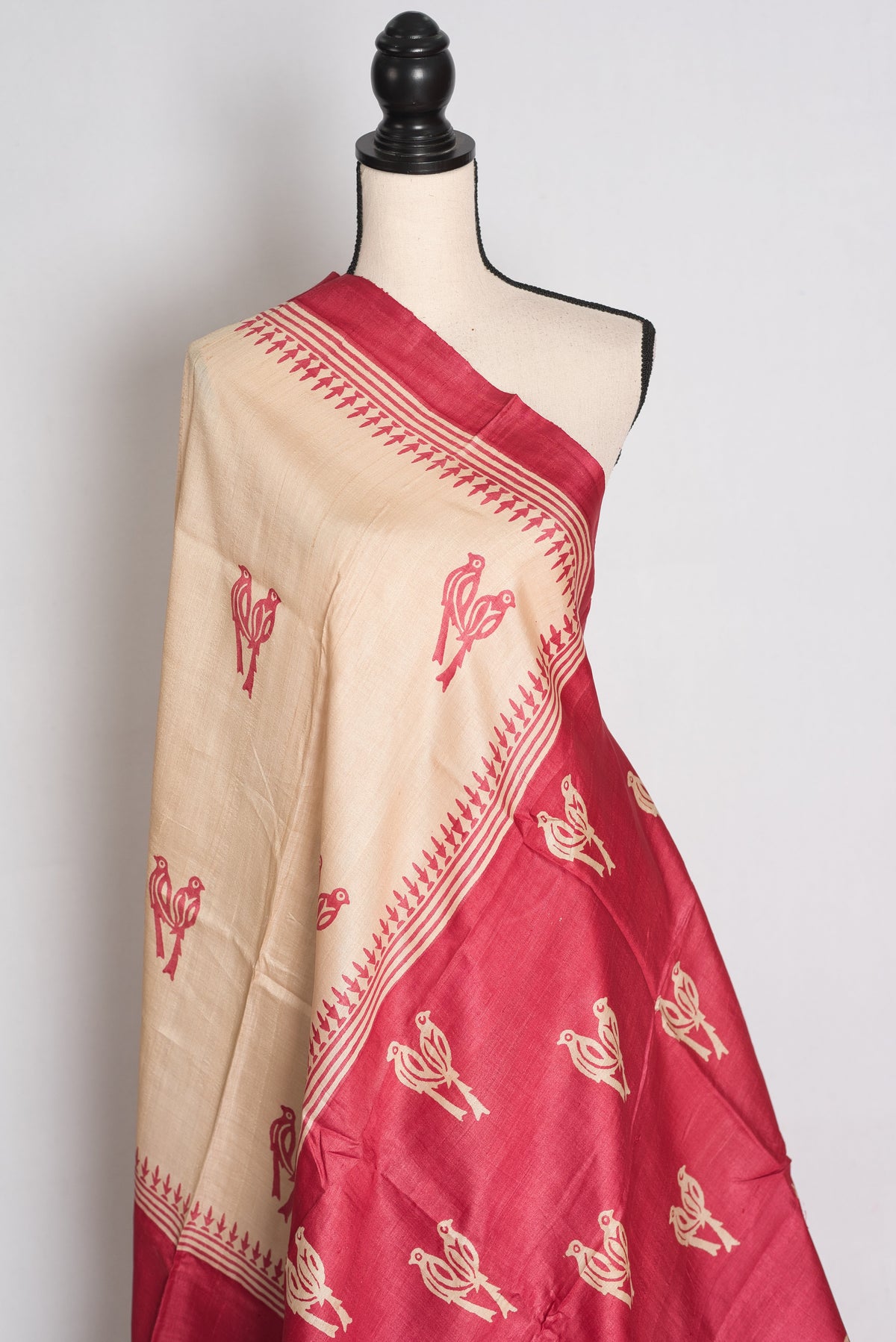 Mahi : Cream and Pink Bird Block Printed Tussar Silk Saree with 38 Size Blouse