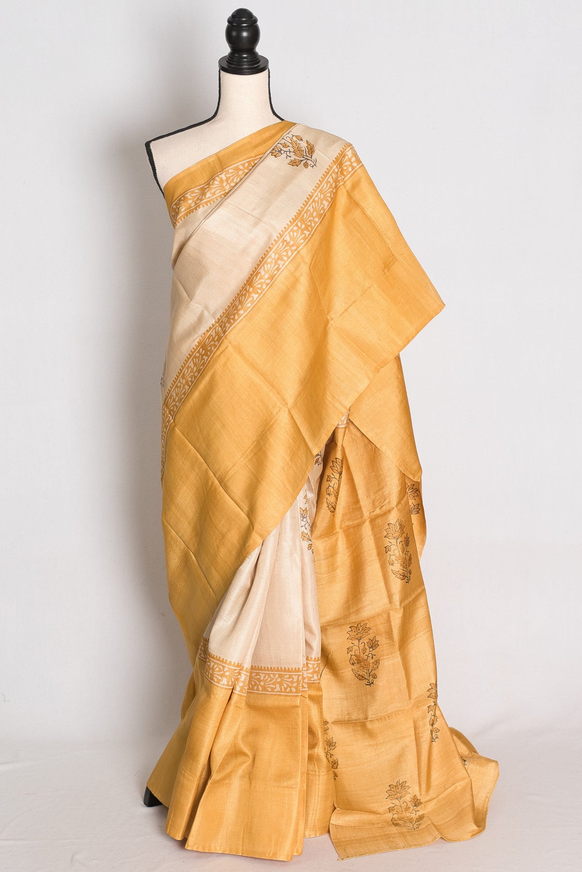 Trisha : Cream and Mustard Yellow Hand Block Printed Pure Tussar Silk Saree