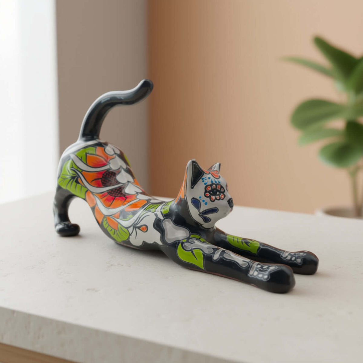 Talavera Stretching Cat Figurine | Mexican Day of the Dead Art