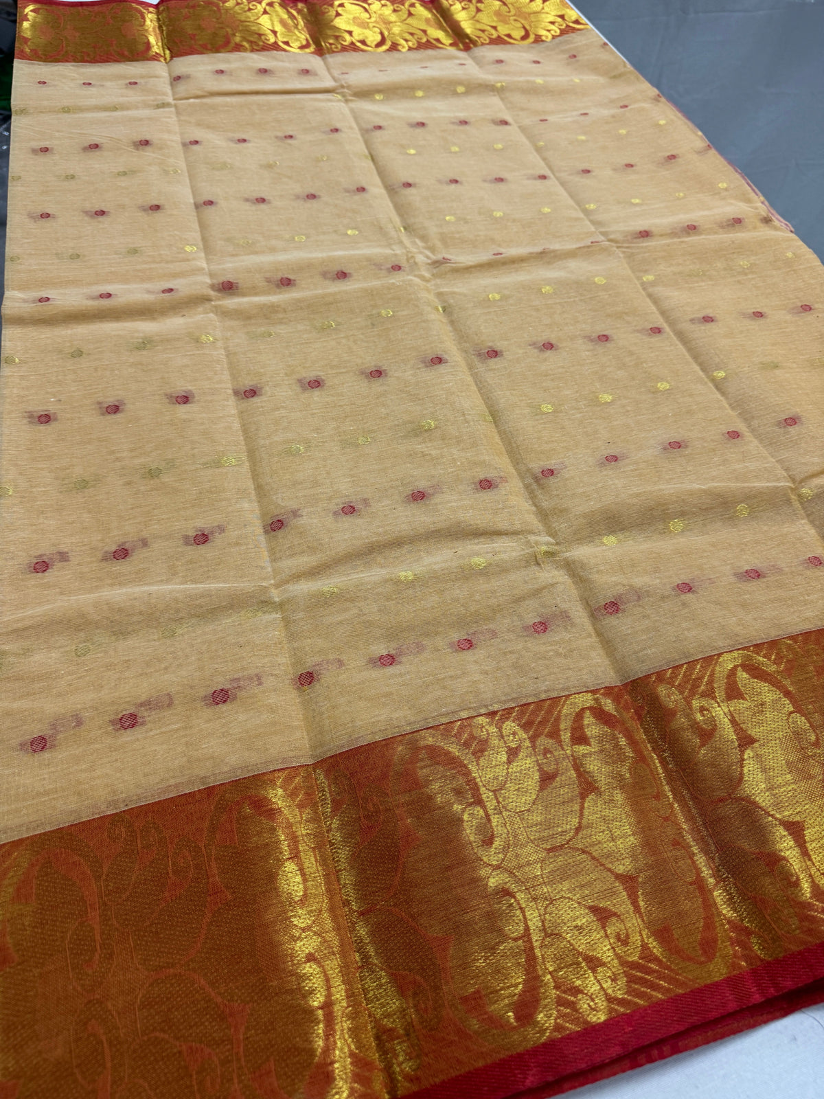 Gita : Beige and Red Bengal Handloom Pure Cotton Tant Saree with Hazar Buti