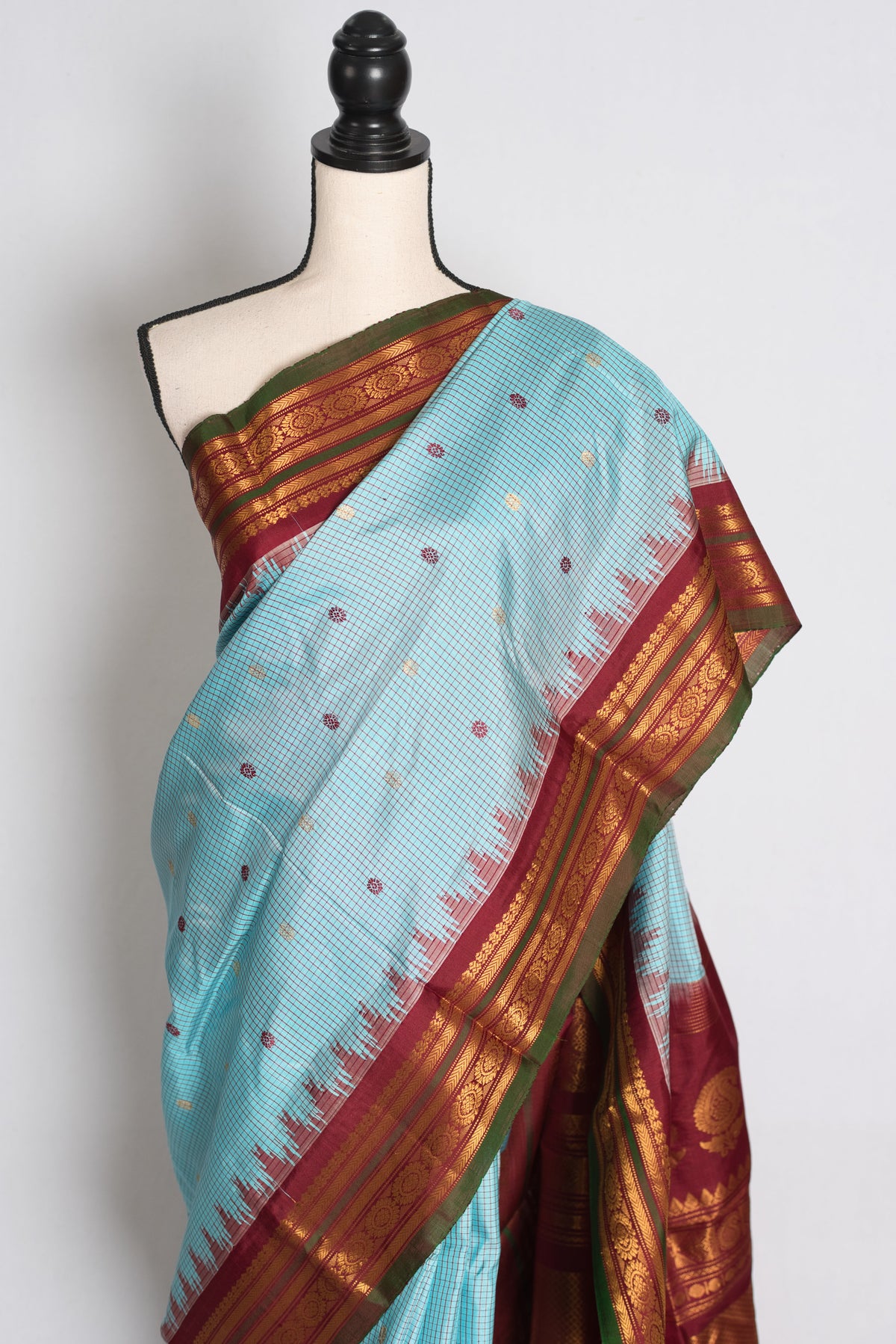 Naheed : Sky Blue and Maroon Micro Checks Handloom Gadwal Silk Saree