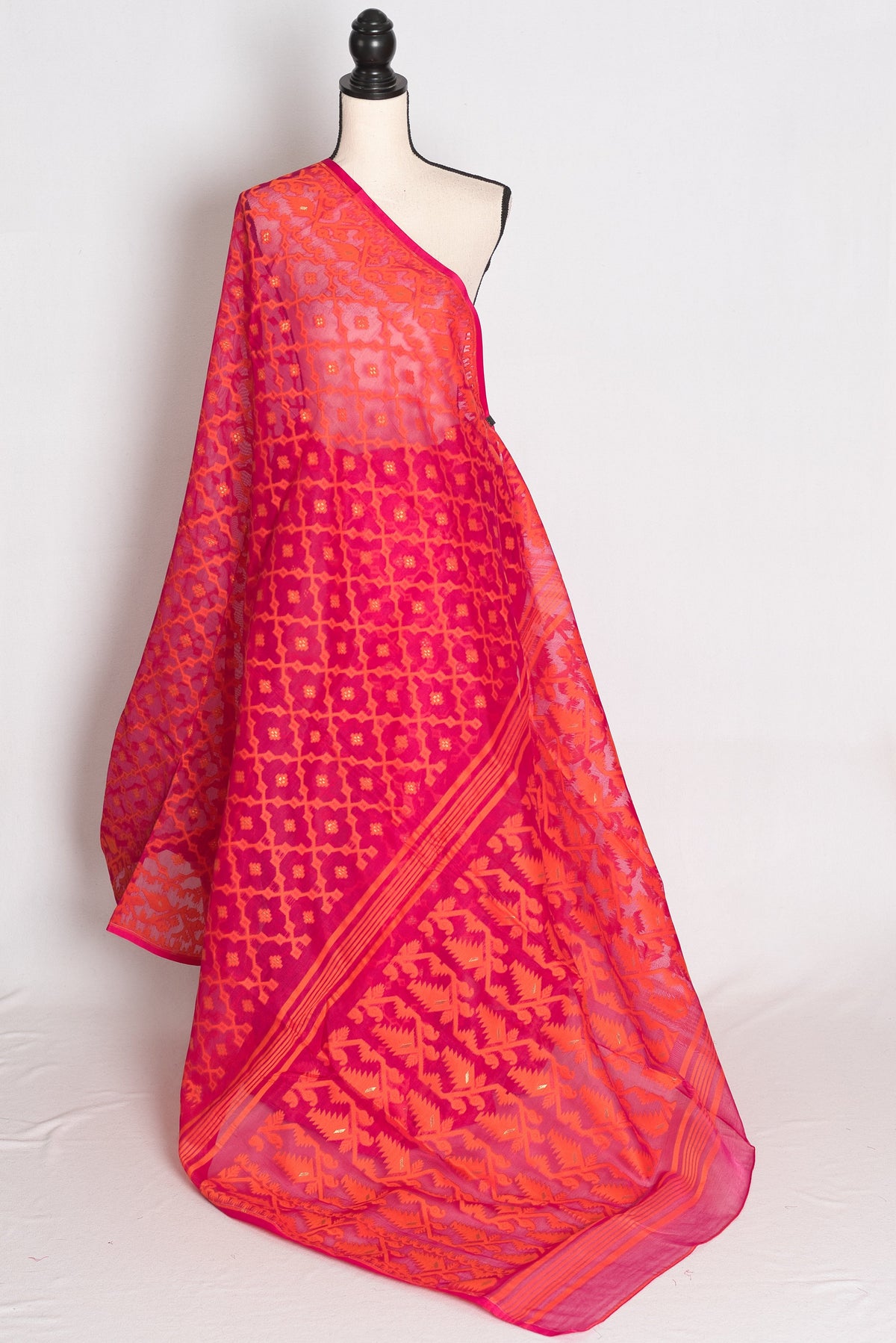 Nagma : Pink and Orange Soft Blended Cotton Jamdani Saree
